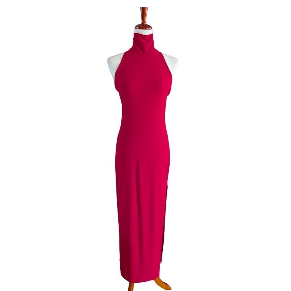 Norma Kamali Red Halter Turtle Side Slit Gown Maxi Dress NWT S/36